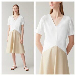 COS Draped Panel Cotton Jersey Dress Knee Length Two Tone White Beige Size XS